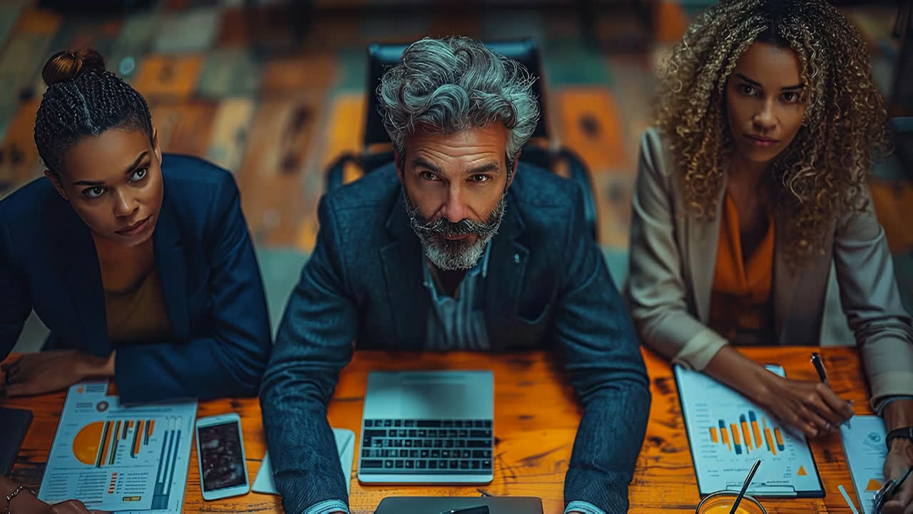 Team reviews project results. A group of three professionals review charts and papers at a meeting table with a laptop