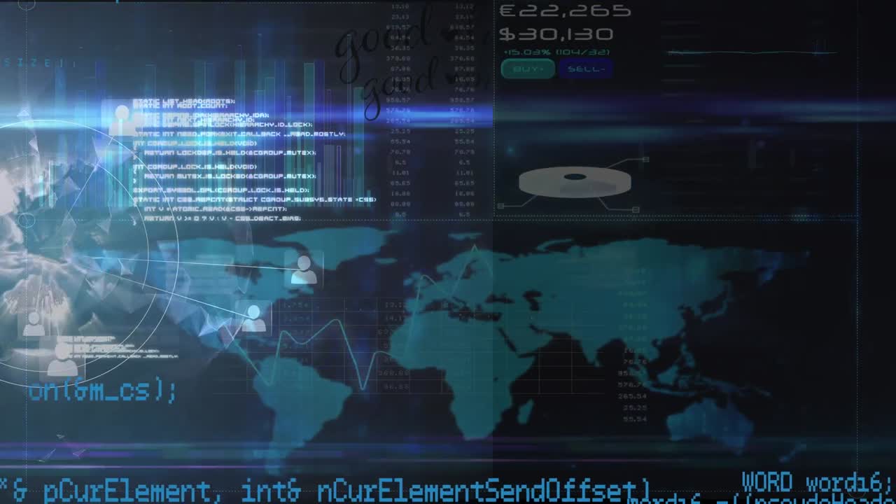 Digital animation of data processing against world map and spinning globe against blue background