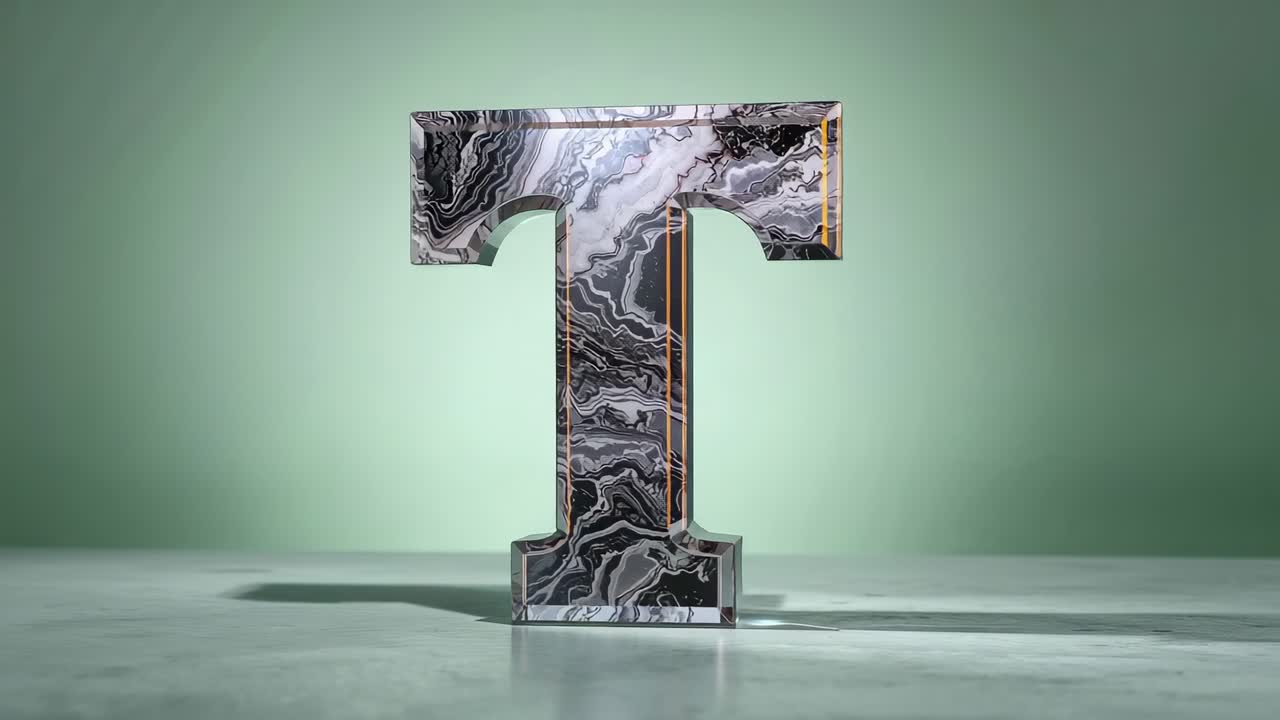 Moving light source sweeping across 3D marble T on glossy base in studio enhancing depth contours