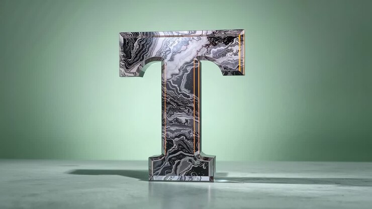 Moving light source sweeping across 3D marble T on glossy base in studio enhancing depth contours