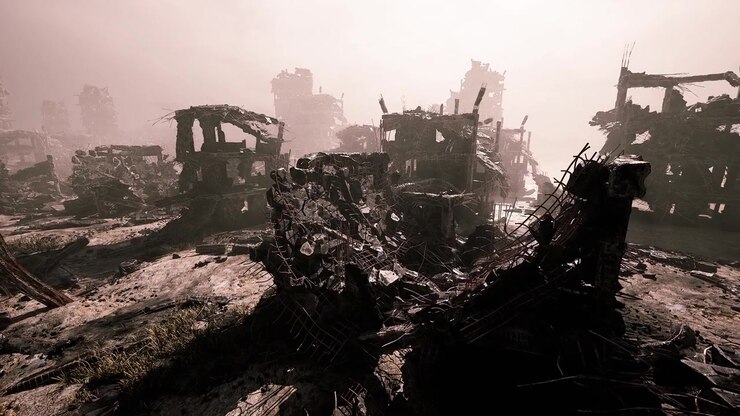 Desolate ruins of a once thriving urban environment in fading light