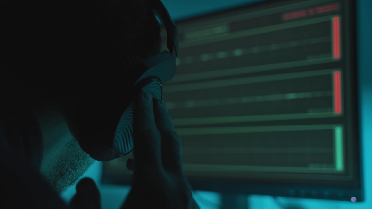 Sound recording software in dark studio or control room as man is listening in with headphones. Podcast or music session or criminal investigation and wiretapping operation by spy agency audio team