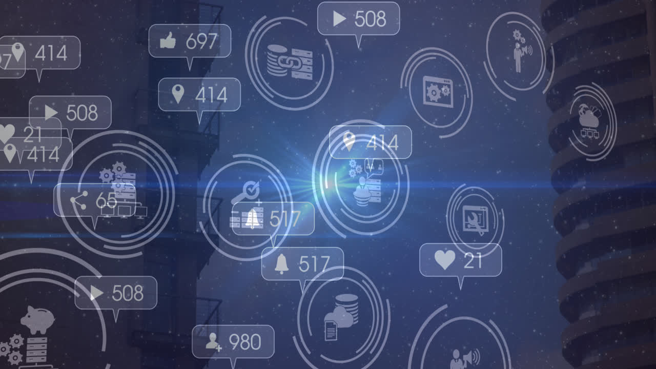 Animation of social media icons and numbers over cityscape