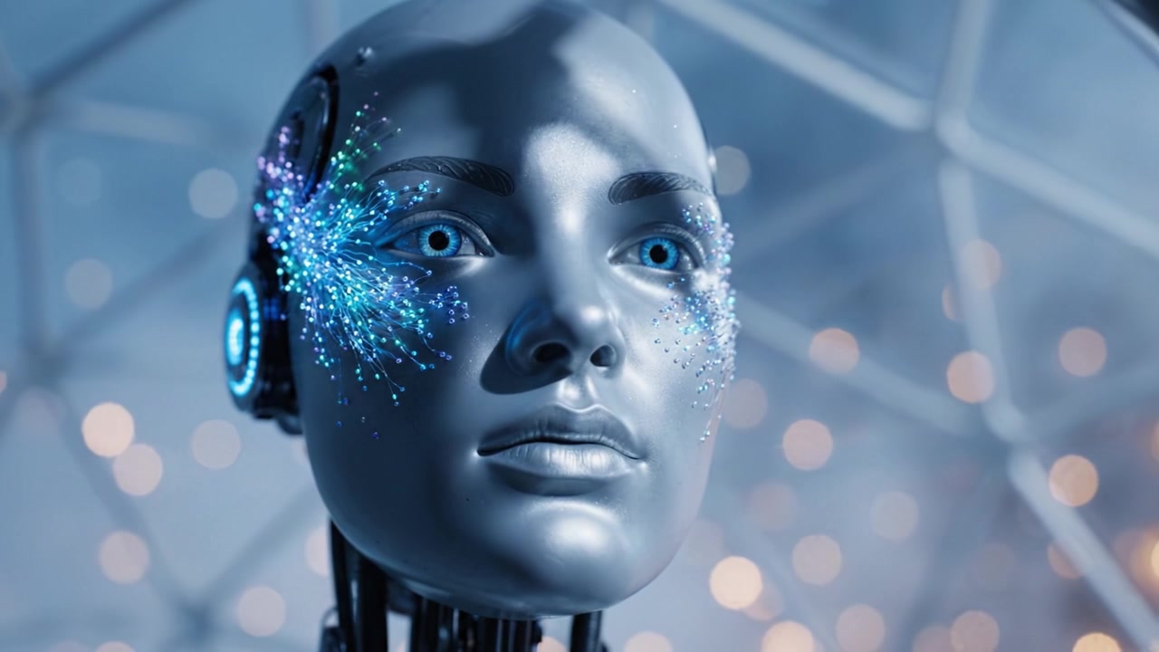 Androide futuristico con caratteristiche scintillanti e accenti LED, che mostra una fusione di tecnologia e arte, racchiudendo l'essenza della robotica avanzata e del design.