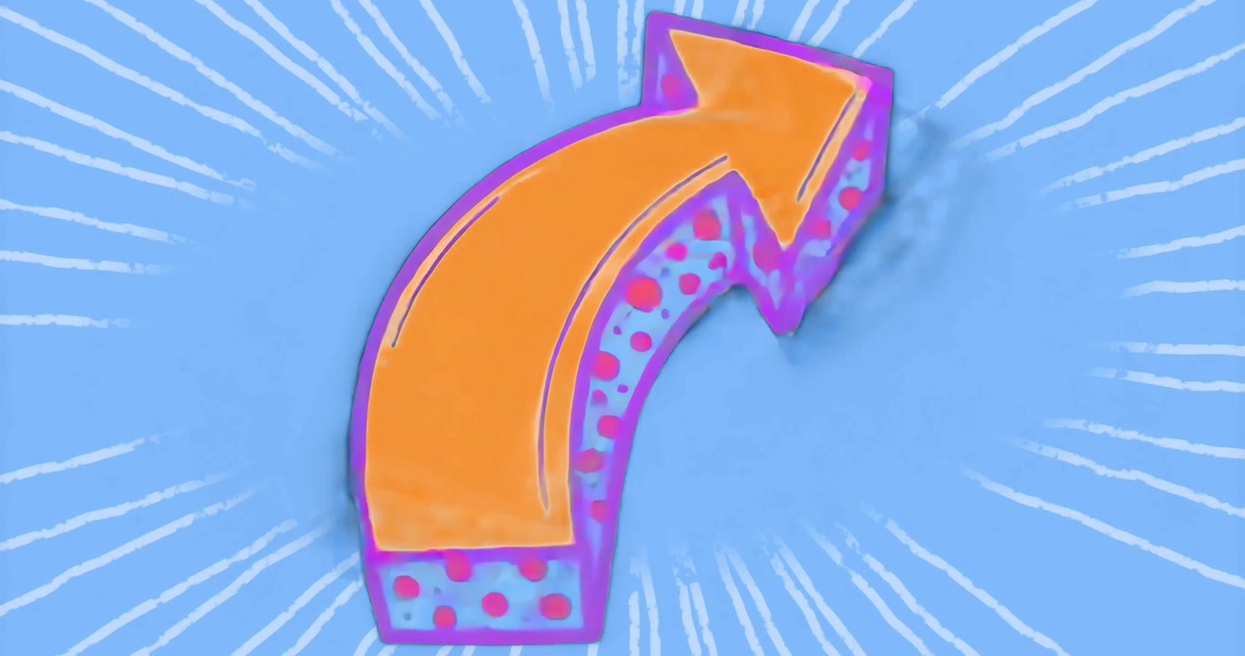 On start 3D arrow bouncing and rotating up-right in sky-blue backdrop showing directional emphasis