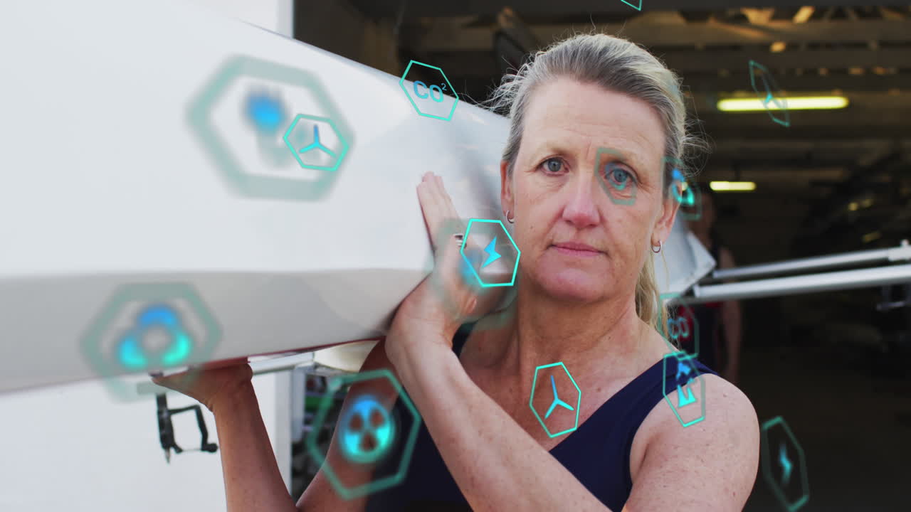 animación de múltiples iconos sobre mujer caucásica que lleva una parte de madera en el hombro