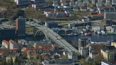 wide shot of the puddefjordsbroen, bridge in bergen. filmed from fløyen panorama