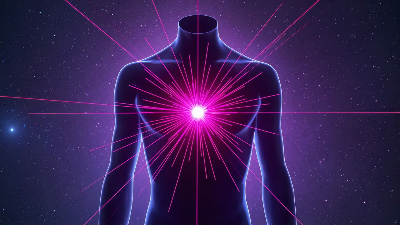 Torso traslucido con illuminazione centrale in evidenza, che emette raggi magenta nello spazio, visualizzando l'ondata