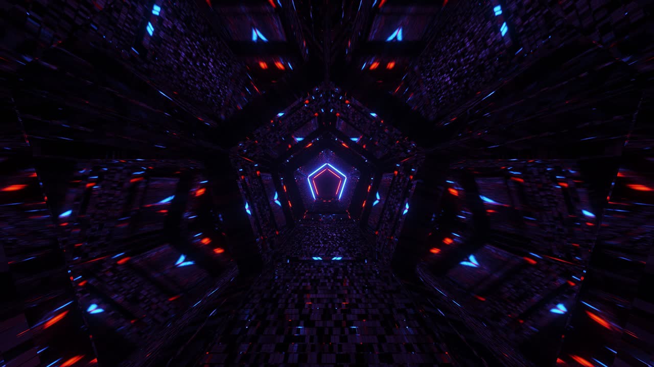 VJ Loop - Flying Through a Red, Light Blue and Purple Pentagonal Kaleidoscope Tunnel