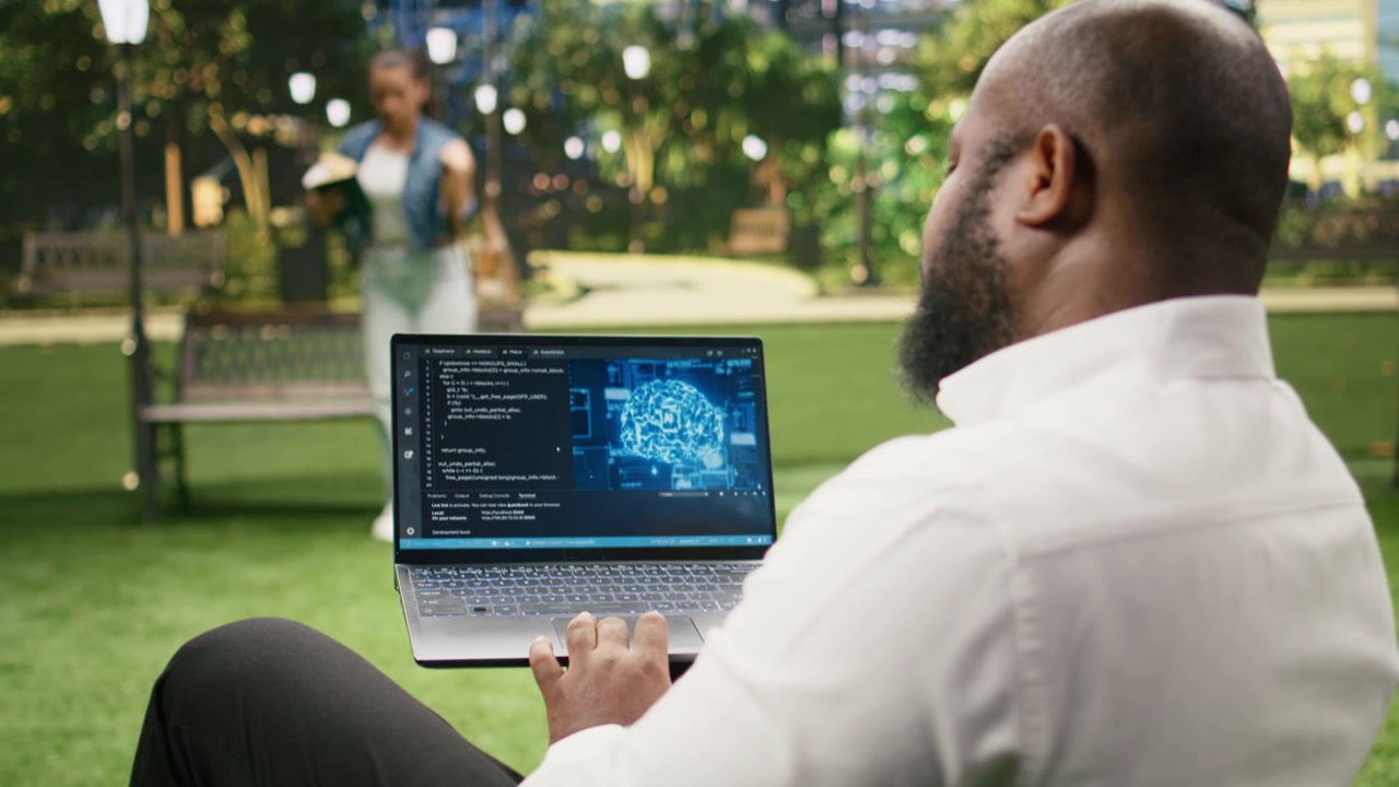 Man working with source code and digital AI software for deep learning