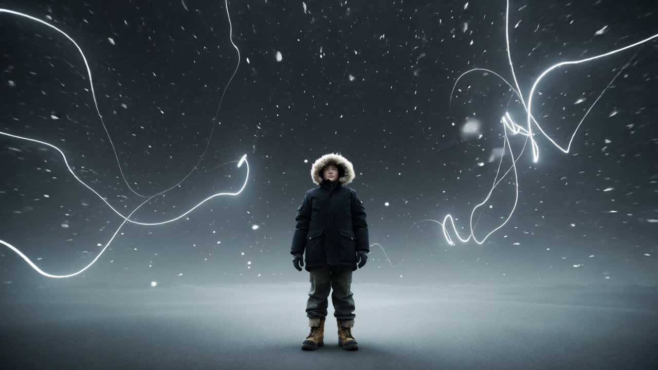 Mann steht mittig im Studio, Lichtbänder treten von den Seiten auf und wirbeln um den Parka für Bekleidung.