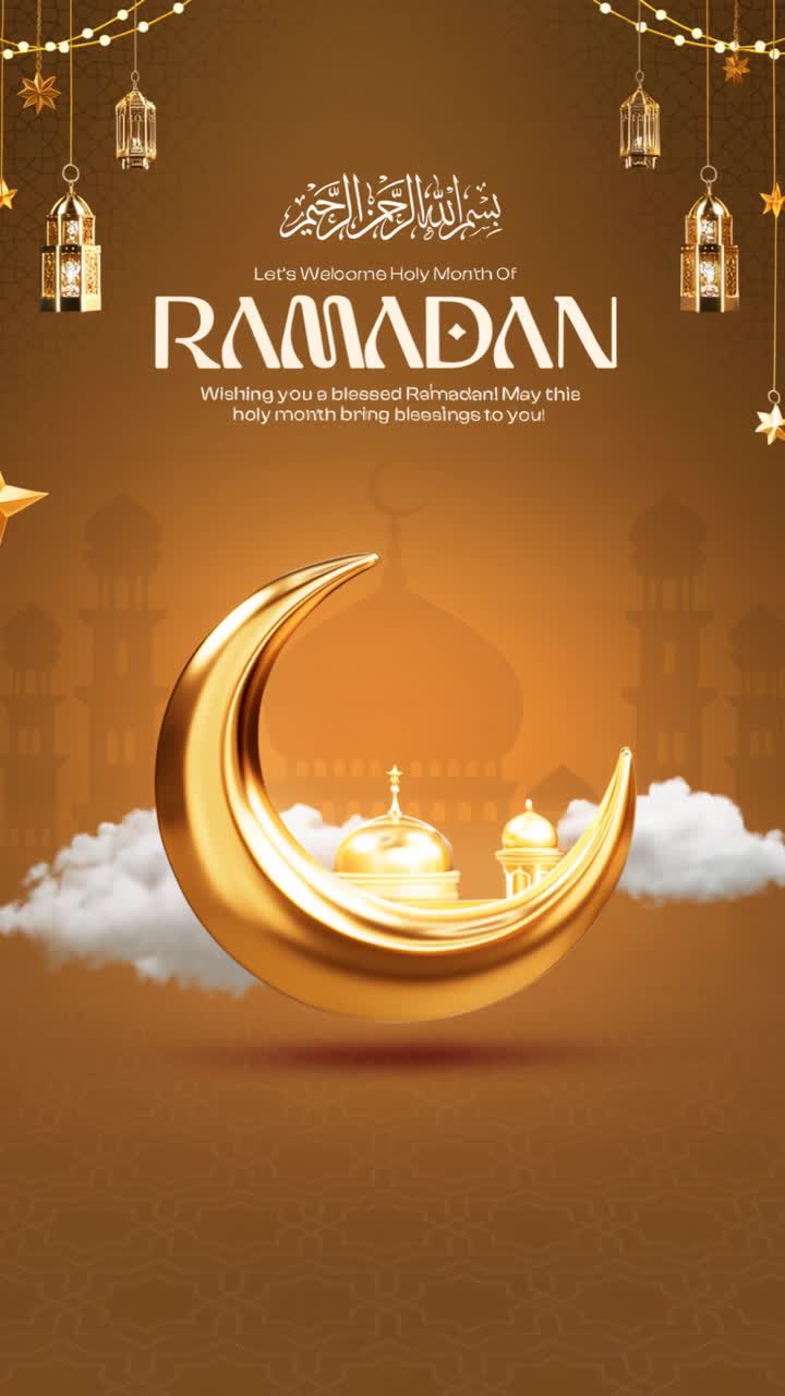 Auguri di Ramadan con luna crescente dorata e moschea.