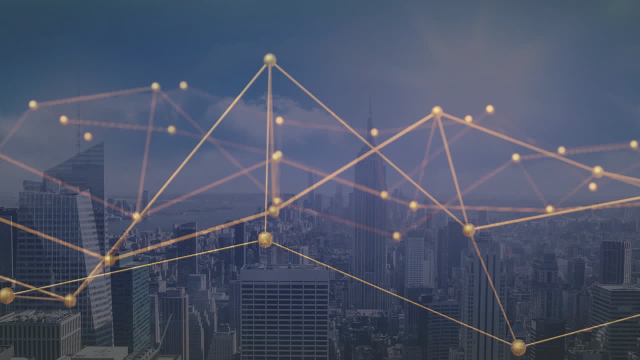 Animation of yellow spots and network of connections over cityscape and blue sky with clouds