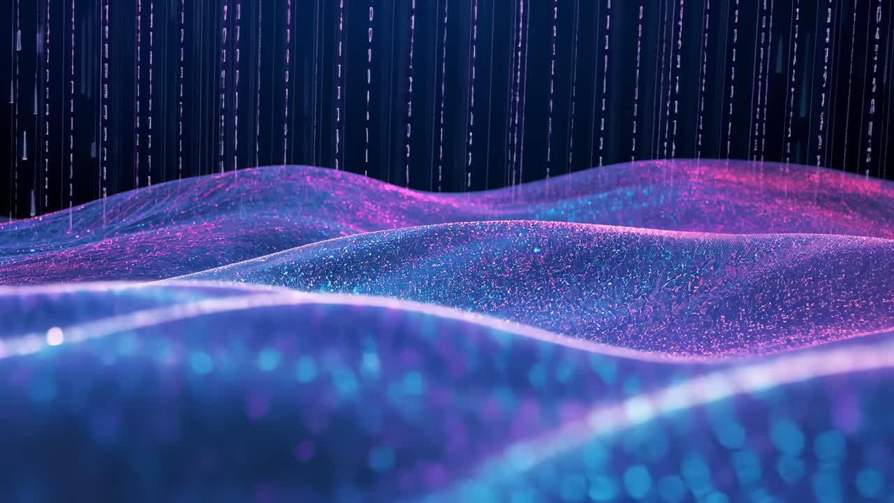 Starting digital waveforms undulating in digital ocean, with particle grid and binary streams