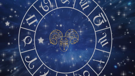 composition of aries star sign symbol in spinning zodiac wheel over glowing stars