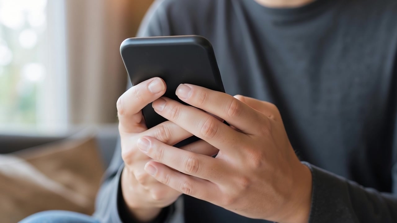 Primo piano di una persona che digita e scorre sullo schermo di uno smartphone al chiuso.