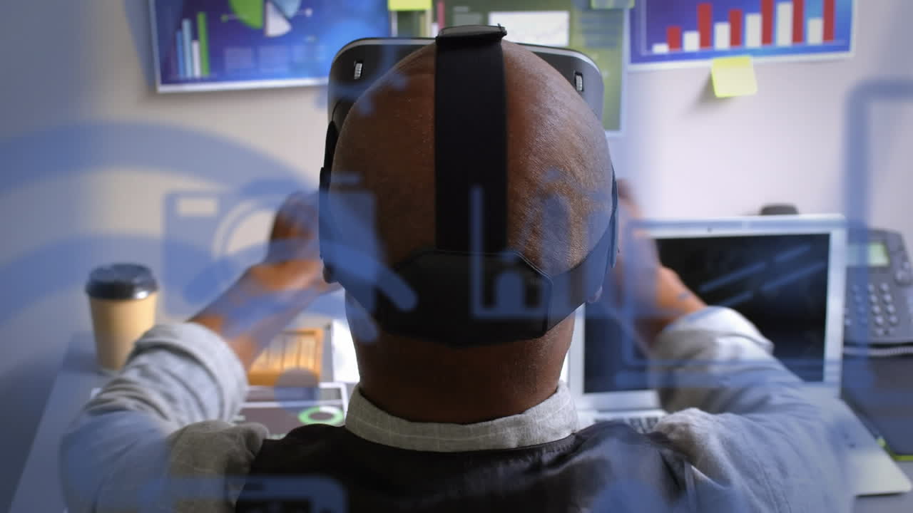 Animation of social media icons over african american man wearing vr headset