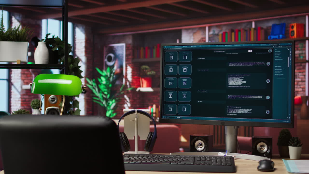 PC in home office with AI LLM chatbot answering user prompts