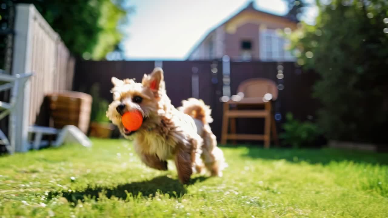 Video con angolazione bassa di un cane giocoso che corre sull'erba con una palla in bocca, catturando movimento e gioia