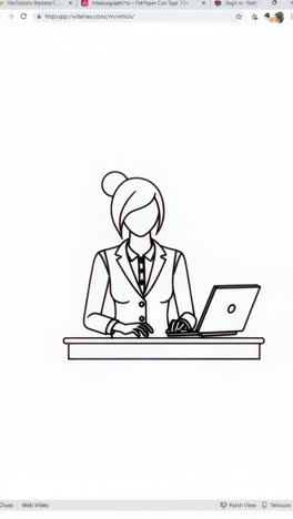 outline drawing of a professional woman working on a laptop