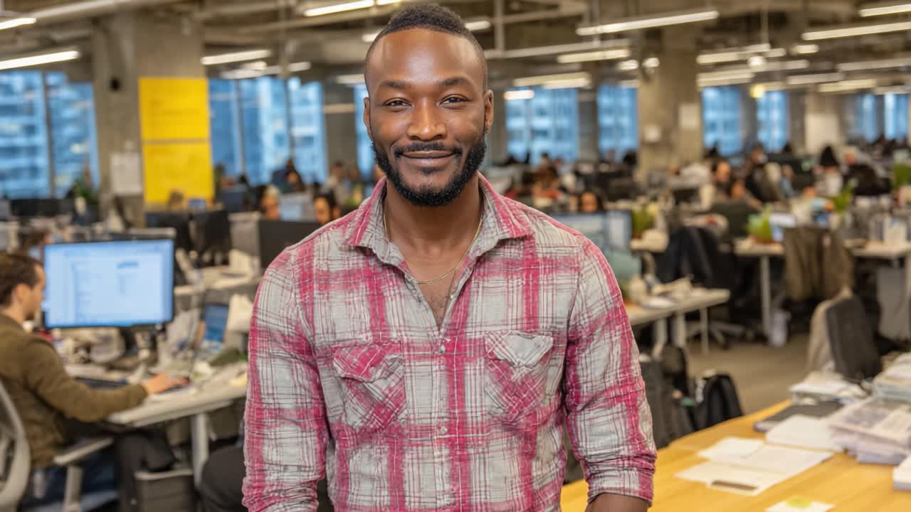 Cheerful Professional in a Modern Office Workspace, Smiling and Engaged at Work Amidst a Busy Environment with Colleagues and Technology Around