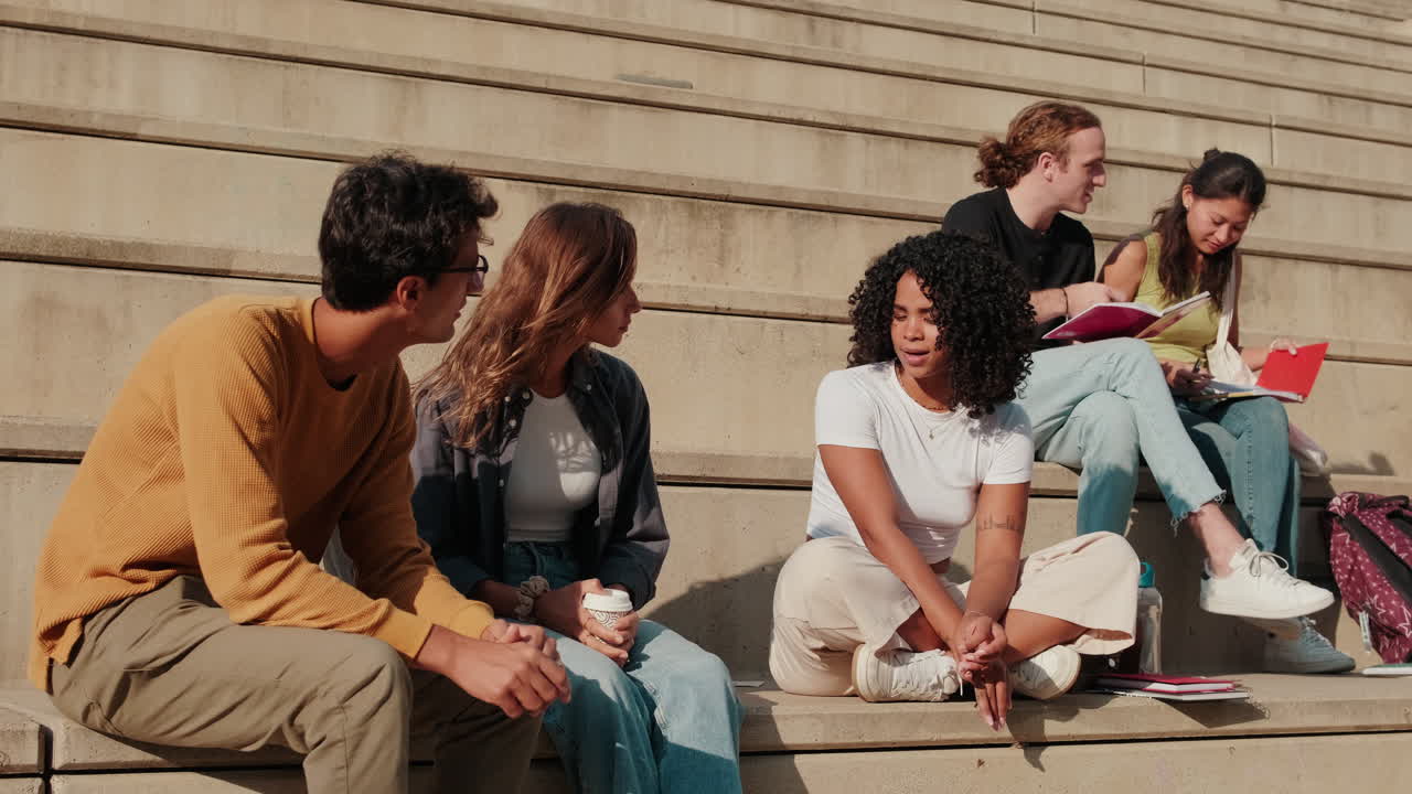 Multicultural friends having fun laughing out loud in city street