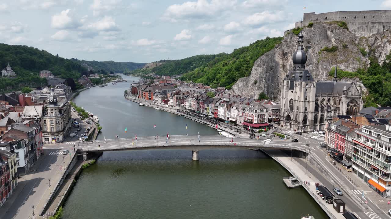 Dinant city Belgium’s. on Meuse River drone,push in shot over bridge