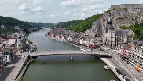 Dinant city Belgium’s. on Meuse River drone,push in shot over bridge