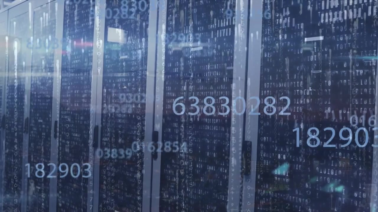 Data Center Server Racks with Digital Code Overlay