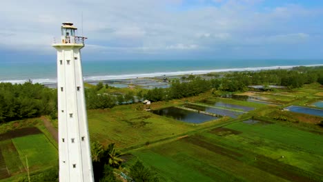 Dolly-Aéreo-Revelando-El-Faro-En-La-Playa-De-Ketawang-En-Purworejo,-Indonesia