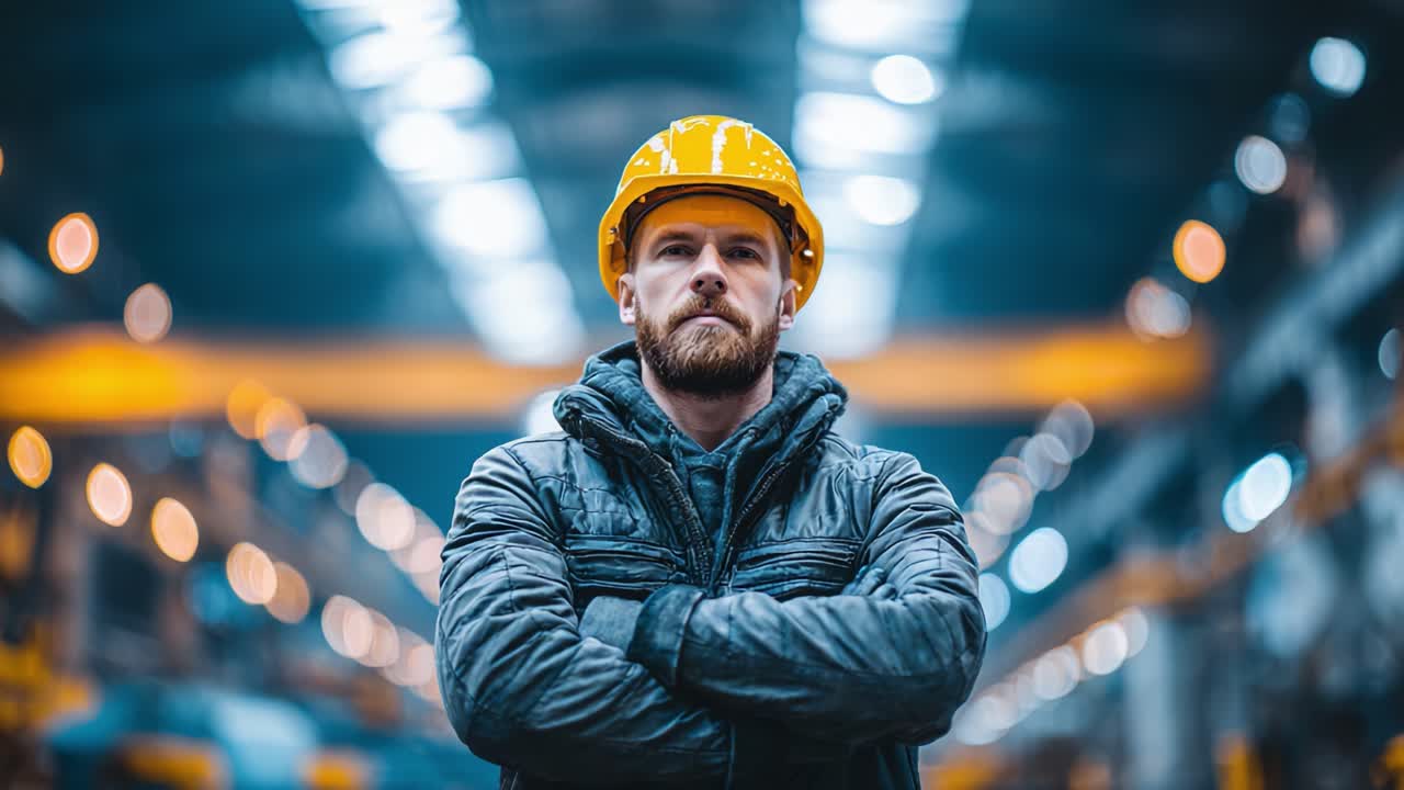 Operaio edile concentrato con dispositivi di protezione, che mostra determinazione e professionalità all'interno di un ambiente di magazzino
