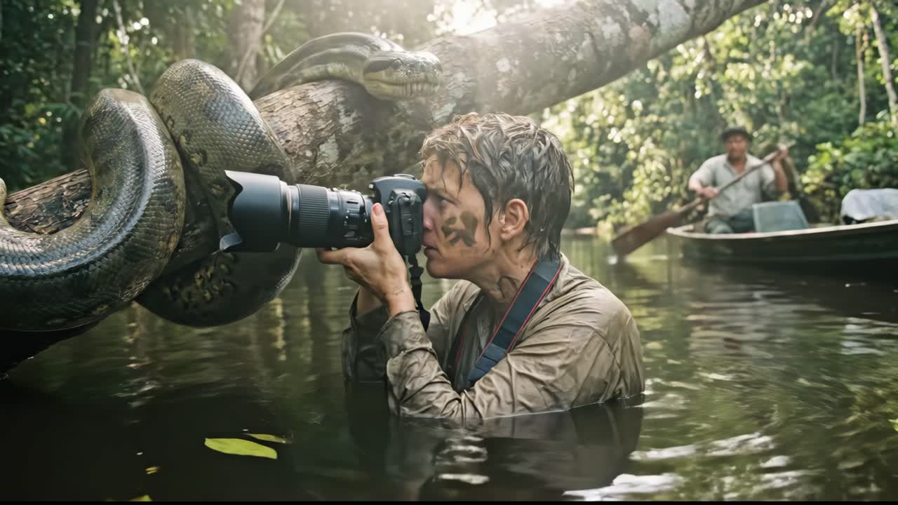 Photographer in River Encounters Large Anaconda in Jungle