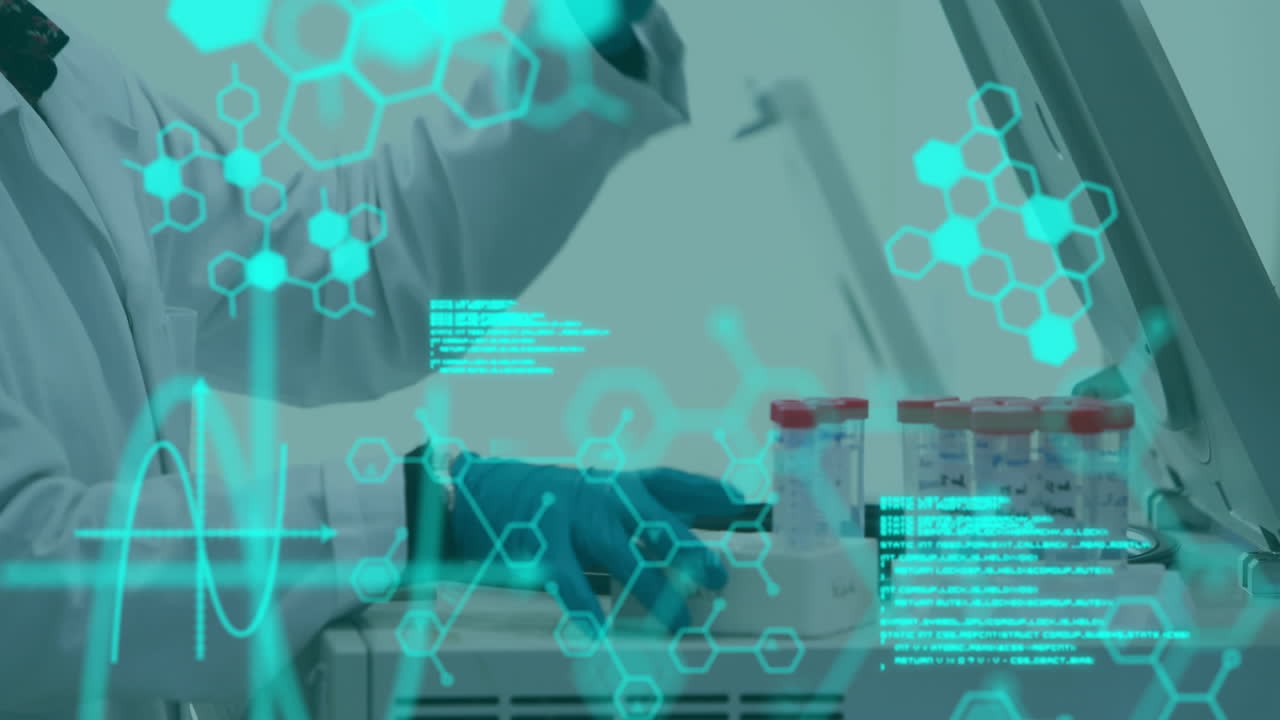 animación de estructuras moleculares y lenguaje informático, científico colocando tubos de ensayo en la máquina