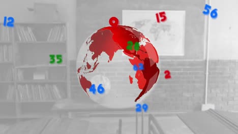 Digital-composition-of-numbers-floating-over-spinning-globe-against-empty-classroom