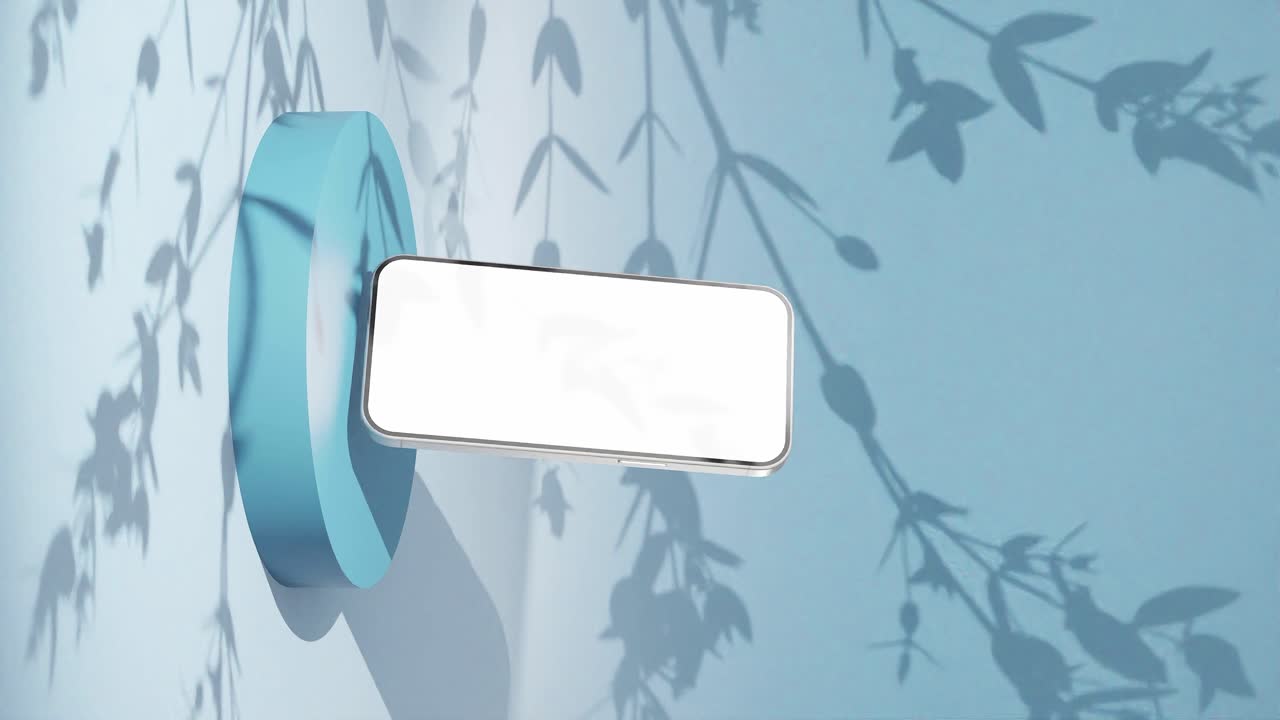 현대 스마트폰의 제품 디스플레이 애니메이션 새로운 모델은 나무 꽃 잎 그림자 수직으로 벽에  빈 화면