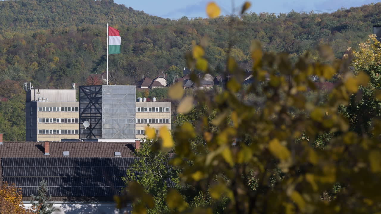 Office building with solar panels and flag in autumn