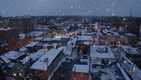 snow flakes fall during winter scene in american city