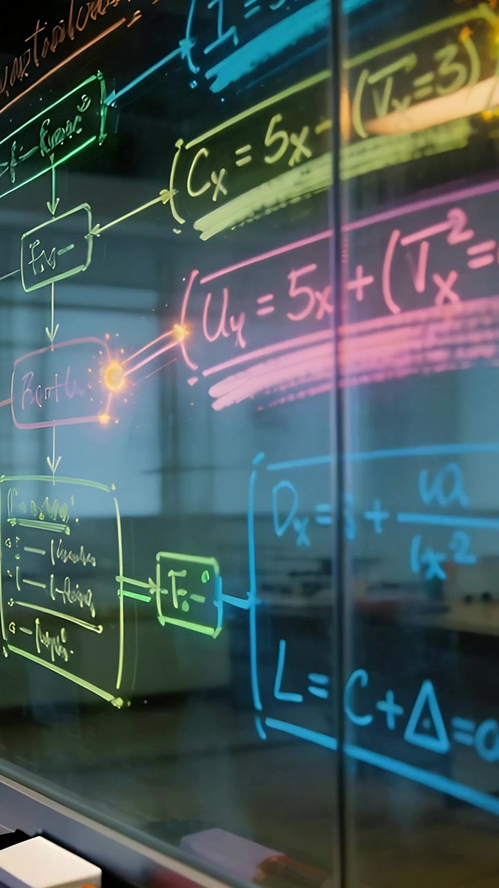 Vertical video: Shifting cam bringing glass panel into office focusing on neon math and marker tray