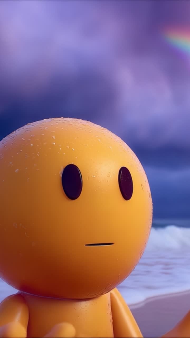 Živá animovaná postava přechází ze smutku do zamyšlení, zasazená do malebné mořské krajiny a dramatické oblohy plné duhy a deště.