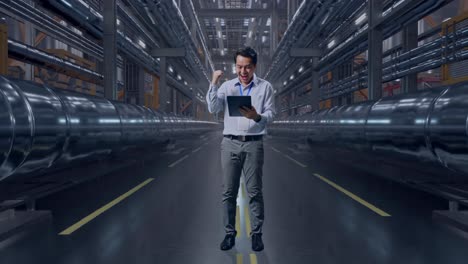 full body of an asian male professional worker standing with his tablet with metal pipes, he raises his fist up with screaming goal after typed on the tablet