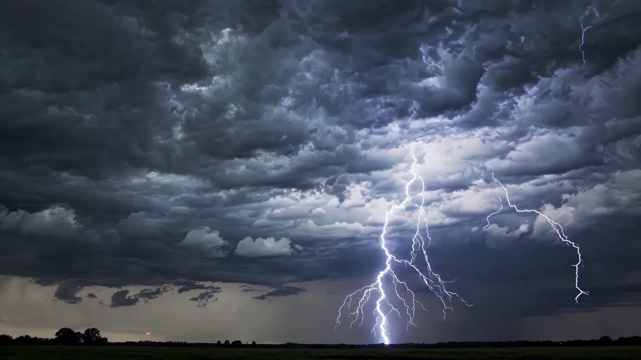 Dramatic landscape video capturing a stormy sky with vivid lightning bolts