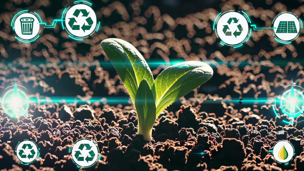 Close-up video angle of a sprouting plant in soil, surrounded by digital recycling icons