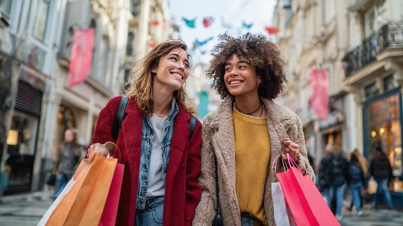 Friends enjoying a shopping day on a lively city street