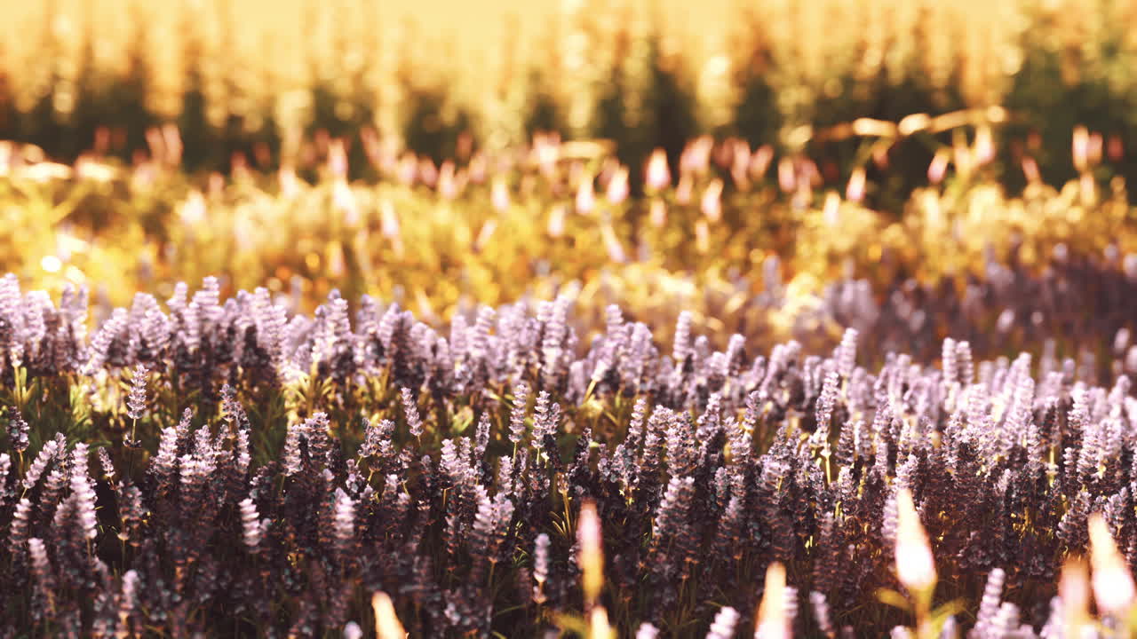 campo de lavanda en flor bajo los colores de la puesta de sol de verano