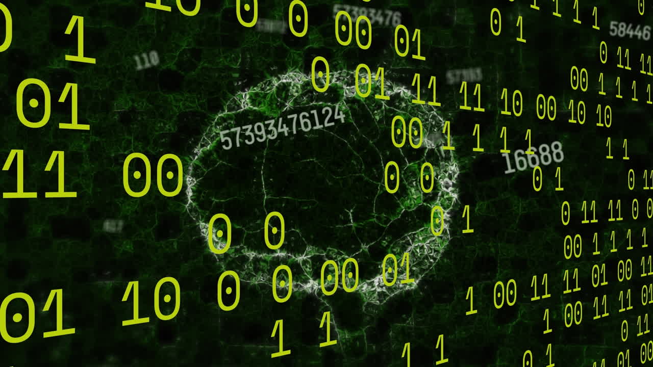 animación de codificación binaria, cerebro humano y red de conexiones