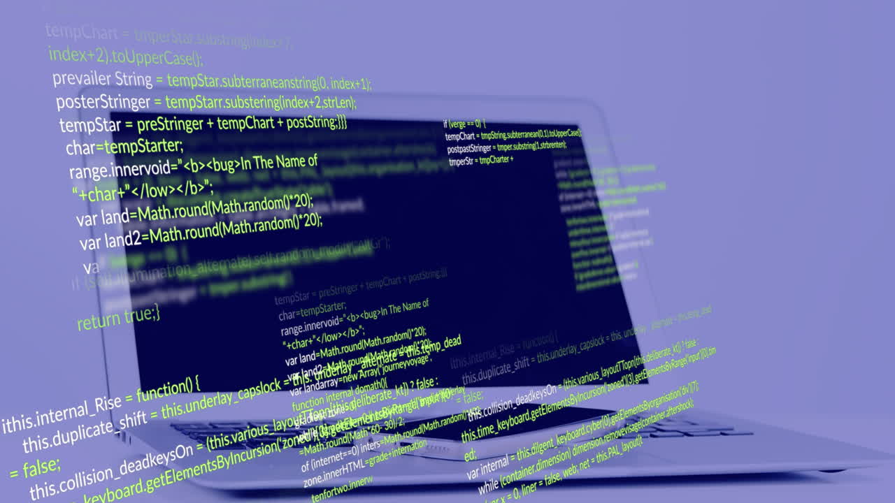 animación del procesamiento de datos en primer plano de un portátil y un teléfono inteligente contra un fondo azul