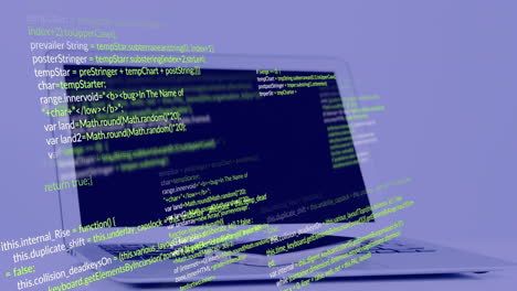 Animation of data processing over close up of a laptop and smartphone against blue background