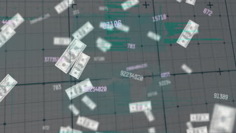 animación del procesamiento de datos sobre billetes que caen