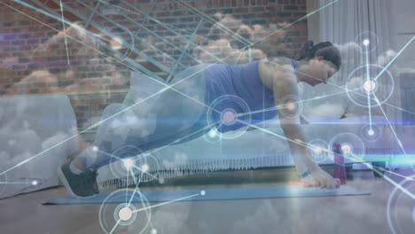 network of connections over caucasian woman performing exercise at home against clouds in the sky