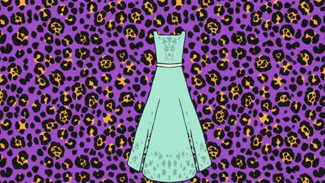 Digitale-Animation-Mehrerer-Weiblicher-Kleiderikonen-Vor-Leopardenmuster-Auf-Violettem-Hintergrund